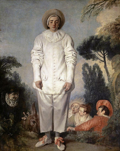 Pierrot, Also Known As Gilles Black Ornate Wood Framed Art Print with Double Matting by Watteau, Jean-Antoine