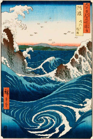 Whirlpool and Waves at Naruto, Awa Province White Modern Wood Framed Art Print with Double Matting by Hiroshige