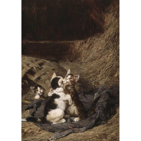Kittens in the Hay Gold Ornate Wood Framed Art Print with Double Matting by Adam, Julius