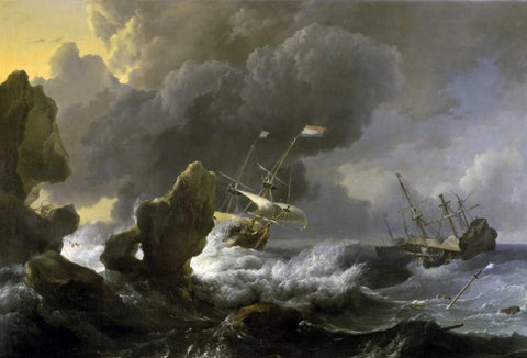 Dutch Merchantmen Driven onto a Rocky Coast in a Storm Black Ornate Wood Framed Art Print with Double Matting by Backhuysen, Ludolf