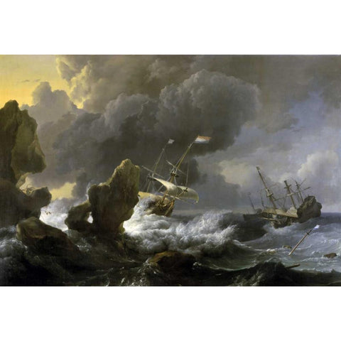 Dutch Merchantmen Driven onto a Rocky Coast in a Storm Gold Ornate Wood Framed Art Print with Double Matting by Backhuysen, Ludolf