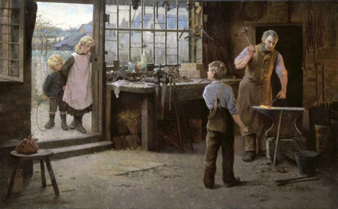 His First Day at Work - Child Apprentice with Blacksmith White Modern Wood Framed Art Print with Double Matting by Bannerman, Hamlet