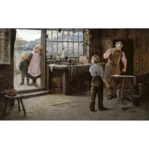 His First Day at Work - Child Apprentice with Blacksmith Black Modern Wood Framed Art Print by Bannerman, Hamlet