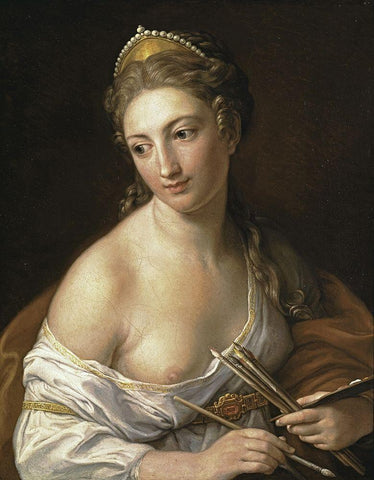 Allegory of Painting Black Ornate Wood Framed Art Print with Double Matting by Batoni, Pompeo Girolamo