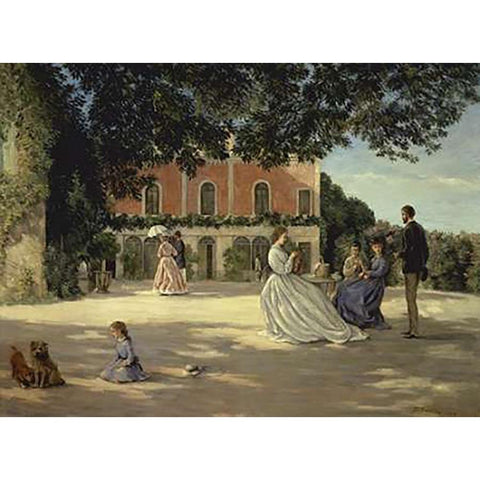 Family Reunion on the Terrace White Modern Wood Framed Art Print by Bazille, Frederic