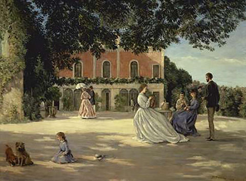 Family Reunion on the Terrace White Modern Wood Framed Art Print with Double Matting by Bazille, Frederic