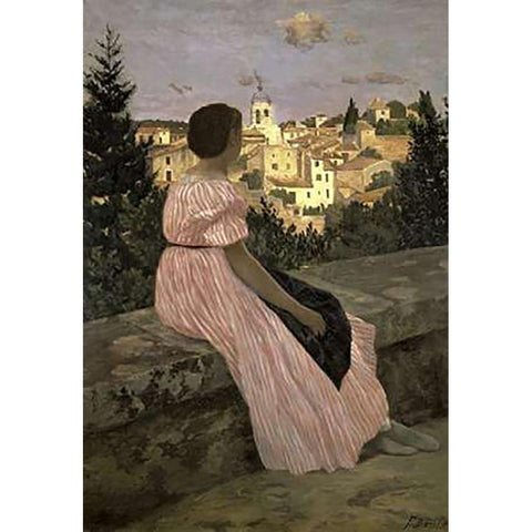 The Pink Dress (View of Castelnau-le-Lez, Herault) Gold Ornate Wood Framed Art Print with Double Matting by Bazille, Frederic