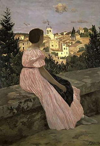 The Pink Dress (View of Castelnau-le-Lez, Herault) White Modern Wood Framed Art Print with Double Matting by Bazille, Frederic