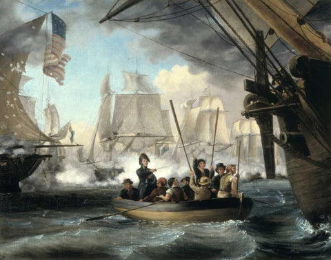 Commodore Perry Leaving the Lawrence for the Niagara White Modern Wood Framed Art Print with Double Matting by Birch, Thomas