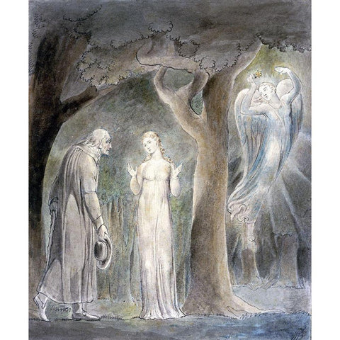 Comus, Disguised as a Rustic, Addresses the Lady in the Wood White Modern Wood Framed Art Print by Blake, William