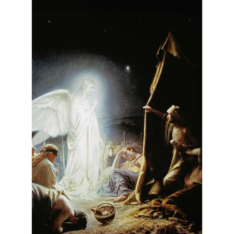 Angel and the Shepherds White Modern Wood Framed Art Print by Bloch, Carl