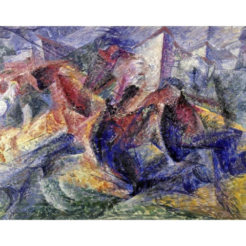 Horse, Horseman and Buildings Gold Ornate Wood Framed Art Print with Double Matting by Boccioni, Umberto