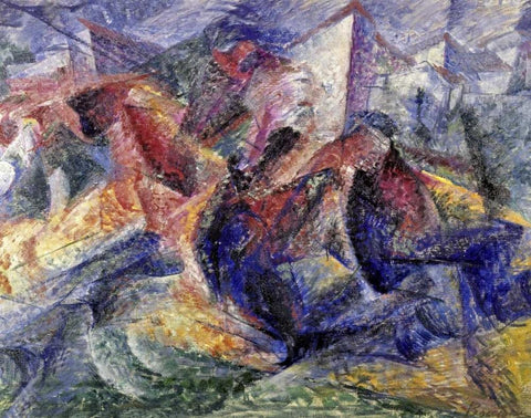 Horse, Horseman and Buildings Black Ornate Wood Framed Art Print with Double Matting by Boccioni, Umberto
