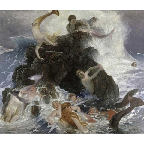 Mermaids at Play Black Modern Wood Framed Art Print with Double Matting by Bocklin, Arnold