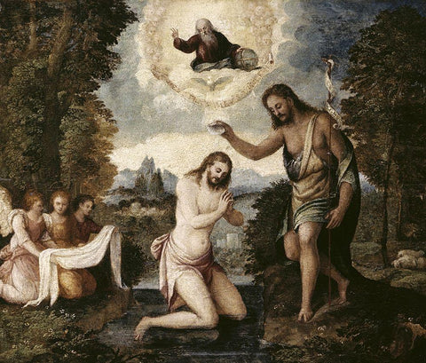 Baptism of Christ White Modern Wood Framed Art Print with Double Matting by Bordone, Paris