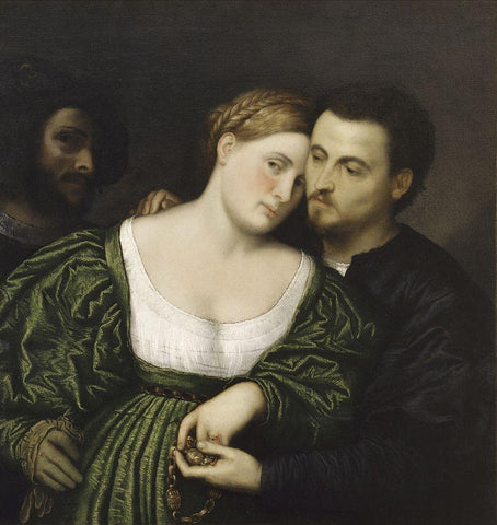 The Venetian Lovers White Modern Wood Framed Art Print with Double Matting by Bordone, Paris