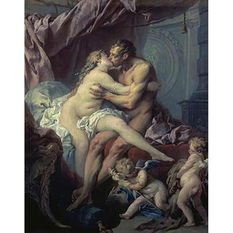 Hercules and Omphale Black Modern Wood Framed Art Print with Double Matting by Boucher, Francois