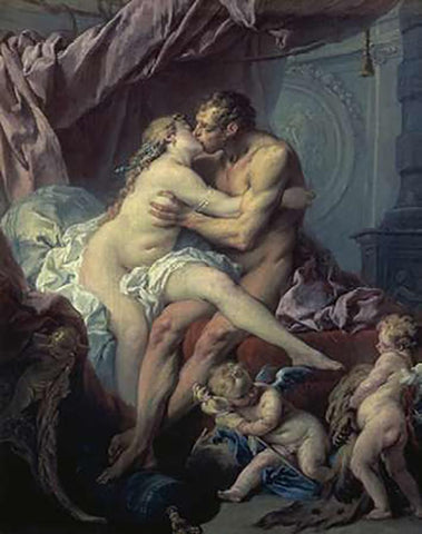 Hercules and Omphale Black Ornate Wood Framed Art Print with Double Matting by Boucher, Francois