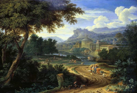 Italian River Landscape with Herdsman and Cattle Black Ornate Wood Framed Art Print with Double Matting by Boudewyns