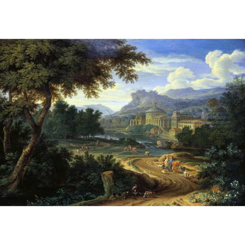 Italian River Landscape with Herdsman and Cattle Black Modern Wood Framed Art Print by Boudewyns