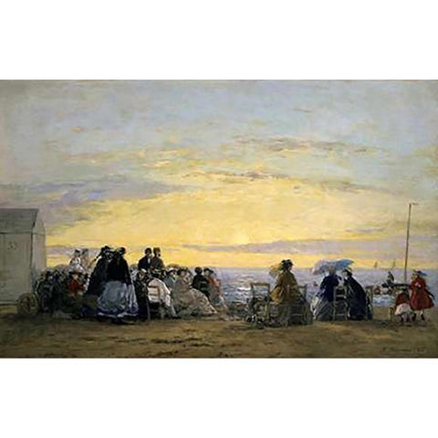 On the Beach, Sunset Gold Ornate Wood Framed Art Print with Double Matting by Boudin, Eugene