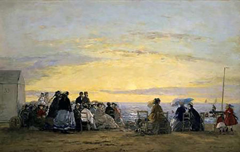 On the Beach, Sunset White Modern Wood Framed Art Print with Double Matting by Boudin, Eugene