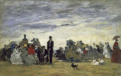 The Beach at Trouville White Modern Wood Framed Art Print with Double Matting by Boudin, Eugene