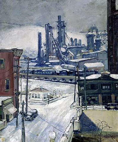Blast Furnaces in Winter Black Ornate Wood Framed Art Print with Double Matting by Brennan, H.J