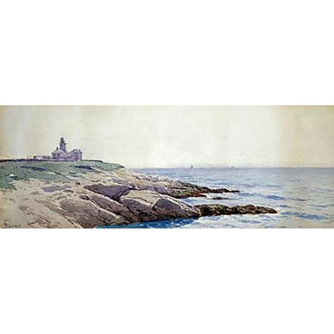 Coastal Landscape with Lighthouse White Modern Wood Framed Art Print by Bricher, Alfred Thompson