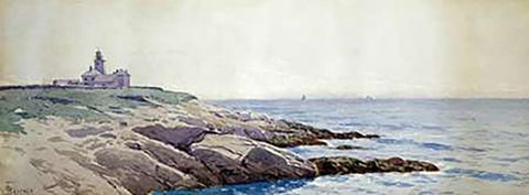 Coastal Landscape with Lighthouse Black Ornate Wood Framed Art Print with Double Matting by Bricher, Alfred Thompson