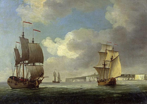 Shipping Off the South Coast of England Black Ornate Wood Framed Art Print with Double Matting by Brooking, Charles