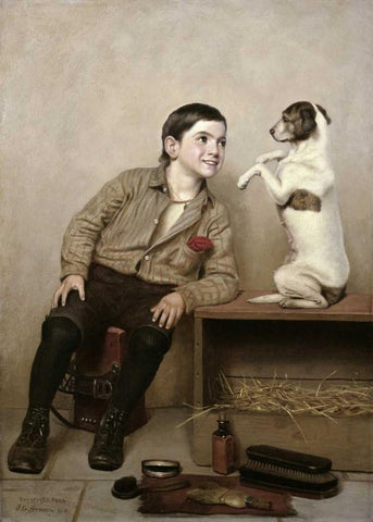 Begging Black Ornate Wood Framed Art Print with Double Matting by Brown, John George