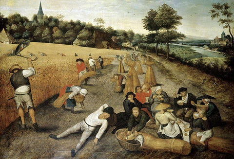 Summer: Harvesters Working and Eating in a Corn Field White Modern Wood Framed Art Print with Double Matting by Bruegel the Elder, Pieter