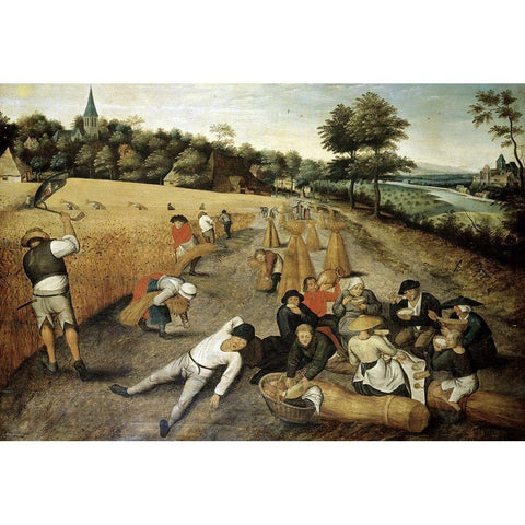 Summer: Harvesters Working and Eating in a Corn Field White Modern Wood Framed Art Print by Bruegel the Elder, Pieter