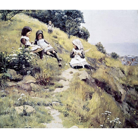 Girls with a Wreath of Flowers White Modern Wood Framed Art Print by Brymner, William