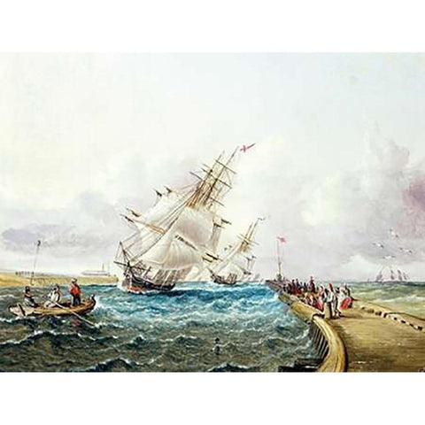 Square Rigged Ships off Jetty White Modern Wood Framed Art Print by Buttersworth, James E.