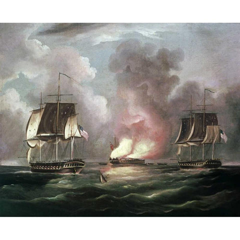Bonne Homme Richard vs. The Serapis Gold Ornate Wood Framed Art Print with Double Matting by Butterworth, Thomas