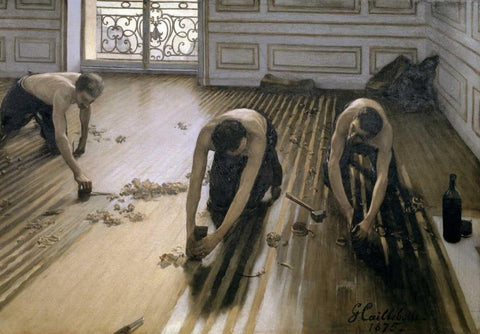 The Floor Scrapers White Modern Wood Framed Art Print with Double Matting by Caillebotte, Gustave