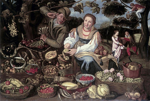 A Fruit Cuisine and Vegetable Cuisine Stall in an Orchard White Modern Wood Framed Art Print with Double Matting by Campi, Vincenzo