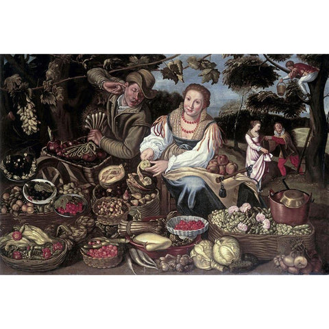 A Fruit Cuisine and Vegetable Cuisine Stall in an Orchard Gold Ornate Wood Framed Art Print with Double Matting by Campi, Vincenzo