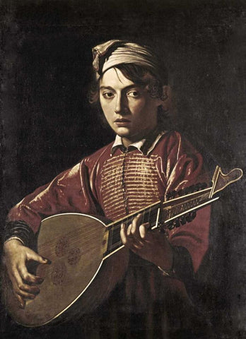 The Lute Player White Modern Wood Framed Art Print with Double Matting by Caravaggio