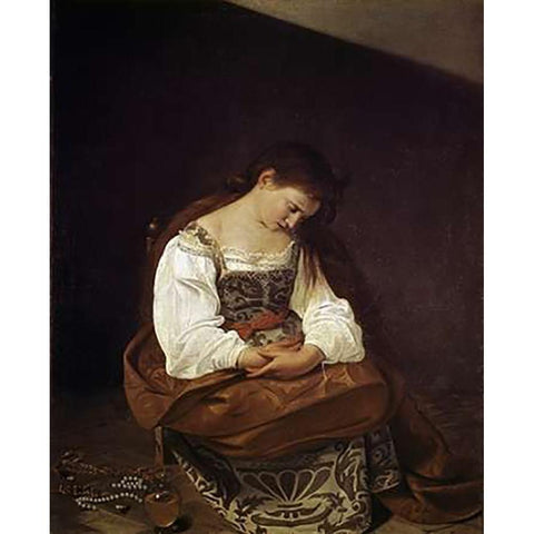 The Repentant Magdalene Gold Ornate Wood Framed Art Print with Double Matting by Caravaggio