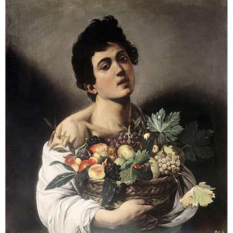 Young Boy with Basketful of Fruit Gold Ornate Wood Framed Art Print with Double Matting by Caravaggio