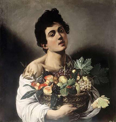 Young Boy with Basketful of Fruit Black Ornate Wood Framed Art Print with Double Matting by Caravaggio