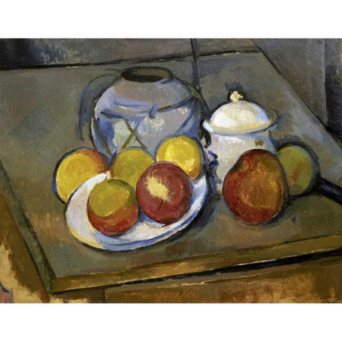 Flawed Vase, Sugar Bowl and Apples Black Modern Wood Framed Art Print by Cezanne, Paul