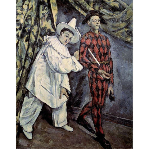 Pierrot and Harlequin (Mardi Gras), 1888 White Modern Wood Framed Art Print by Cezanne, Paul