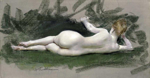 Reclining Nude White Modern Wood Framed Art Print with Double Matting by Chase, William Merritt