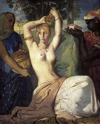 La Toilette dEsther Black Ornate Wood Framed Art Print with Double Matting by Chasseriau, Theodore