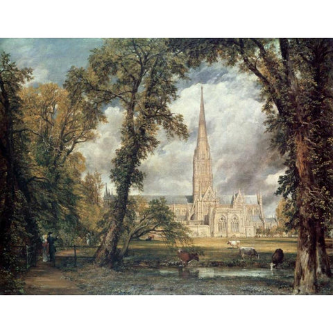 Salisbury Cathedral Black Modern Wood Framed Art Print with Double Matting by Constable, John