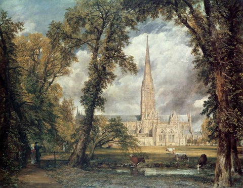 Salisbury Cathedral White Modern Wood Framed Art Print with Double Matting by Constable, John